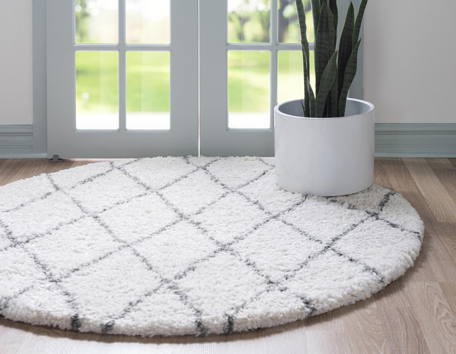Pure Ivory 8' x 8' Rabat Shag Round Area Rug Thick Soft Touch Fluffy & Plush Shaggy Pile Durable Geometric Carpet for Luxury Interior Design for Sale at Rug Engine
