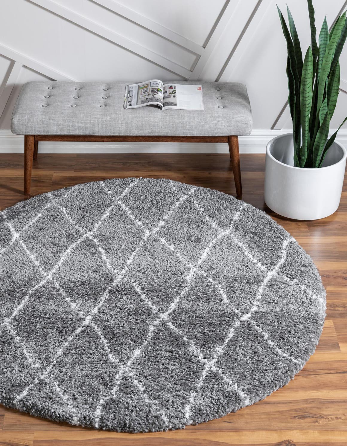 Gray 5' 3 x 5' 3 Rabat Shag Round Area Rug Thick Soft Touch Fluffy & Plush Shaggy Pile Durable Geometric Carpet for Luxury Interior Design for Sale at Rug Engine