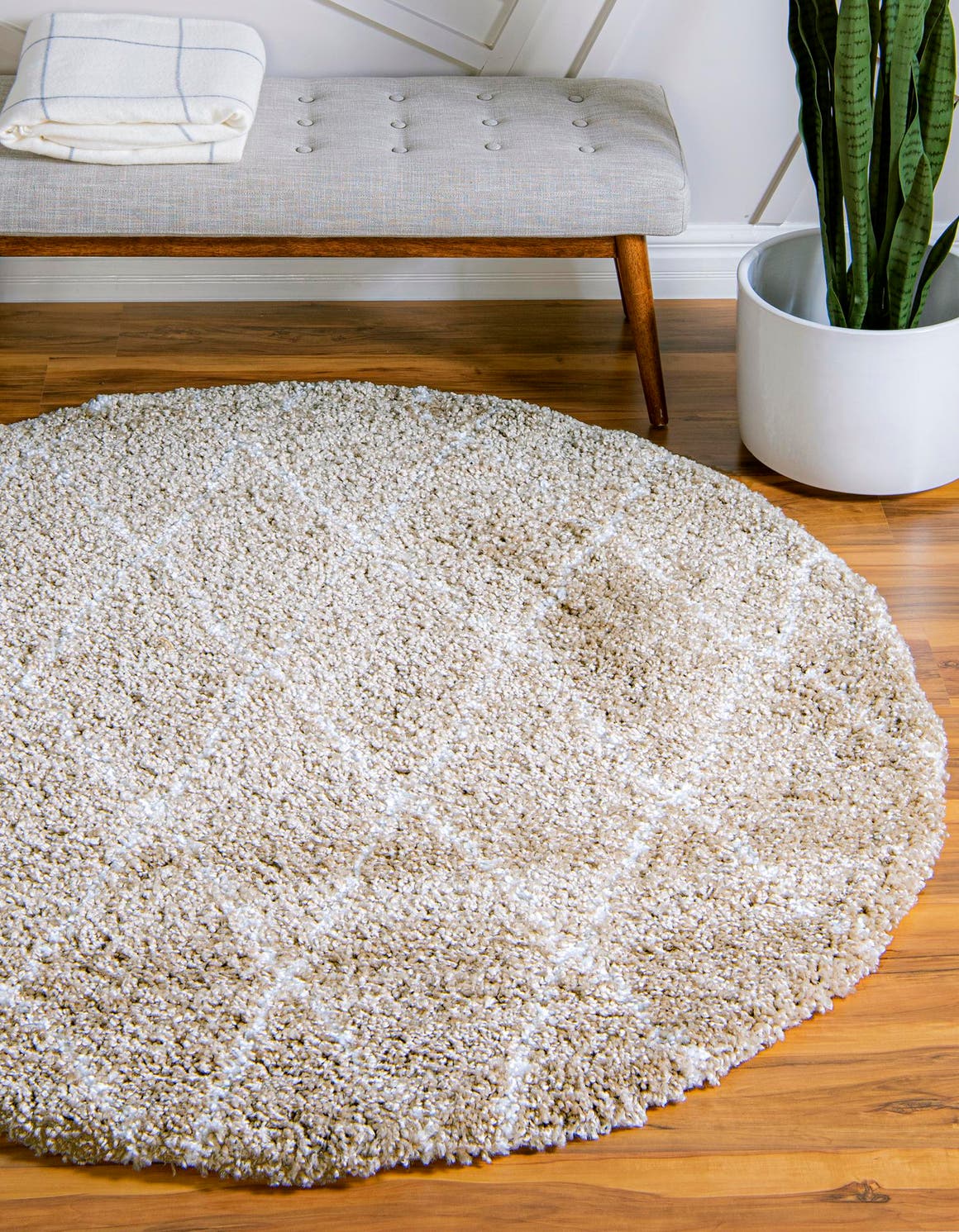 Taupe 5' 1 x 5' 1 Rabat Shag Round Area Rug Thick Soft Touch Fluffy & Plush Shaggy Pile Durable Geometric Carpet for Luxury Interior Design for Sale at Rug Engine