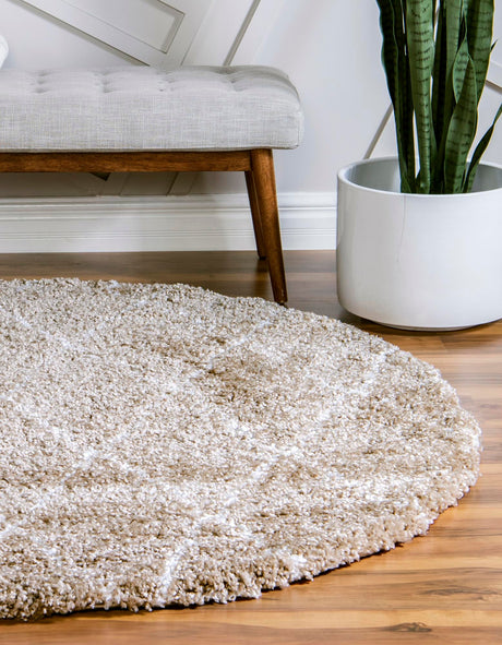 Taupe 5' 1 x 5' 1 Rabat Shag Round Area Rug Thick Soft Touch Fluffy & Plush Shaggy Pile