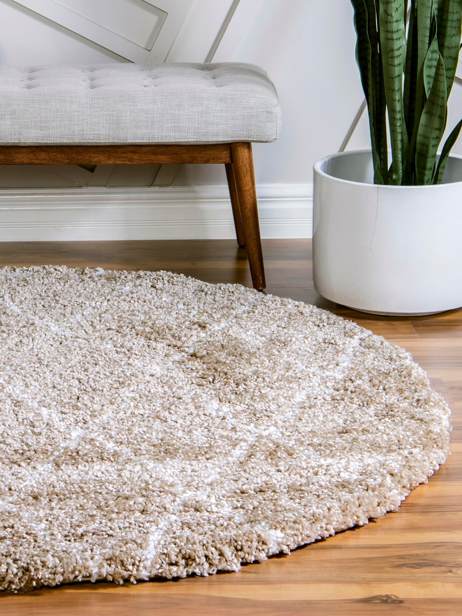 Taupe 8' x 8' Rabat Shag Round Area Rug Thick Soft Touch Fluffy & Plush Shaggy Pile Durable Geometric Carpet for Luxury Interior Design for Sale at Rug Engine