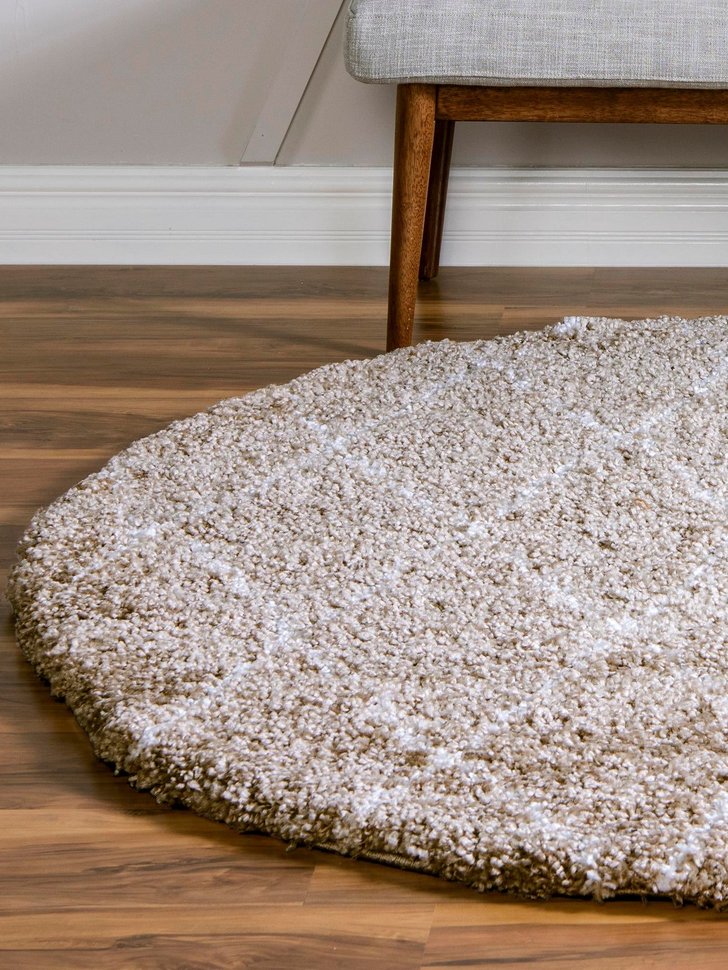 Taupe 8' x 8' Rabat Shag Round Area Rug Thick Soft Touch Fluffy & Plush Shaggy Pile Durable Geometric Carpet for Luxury Interior Design for Sale at Rug Engine