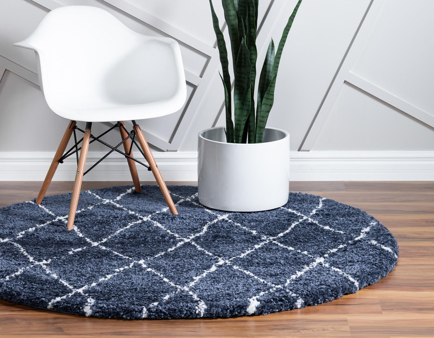 Navy Blue 8' x 8' Rabat Shag Round Area Rug Thick Soft Touch Fluffy & Plush Shaggy Pile Durable Geometric Carpet for Luxury Interior Design for Sale at Rug Engine