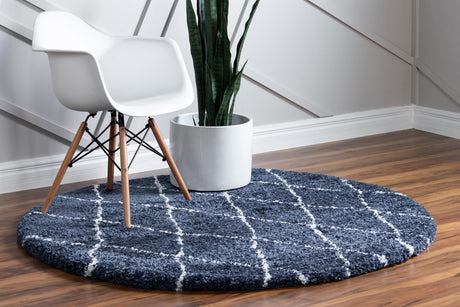 Navy Blue 8' x 8' Rabat Shag Round Area Rug Thick Soft Touch Fluffy & Plush Shaggy Pile Durable Geometric Carpet for Luxury Interior Design for Sale at Rug Engine