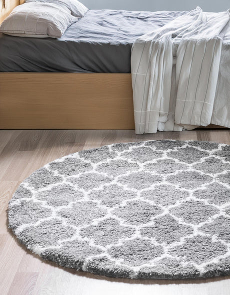 Gray 8' x 8' Rabat Shag Round Area Rug Thick Soft Touch Fluffy & Plush Shaggy Pile Durable Geometric Carpet for Luxury Interior Design for Sale at Rug Engine