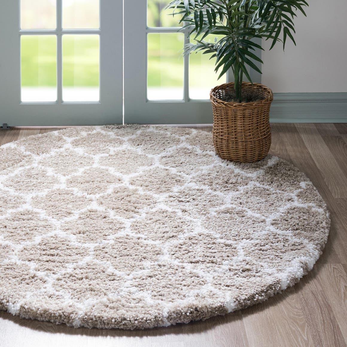 Taupe 5' 1 x 5' 1 Rabat Shag Round Area Rug Thick Soft Touch Fluffy & Plush Shaggy Pile Durable Geometric Carpet for Luxury Interior Design for Sale at Rug Engine