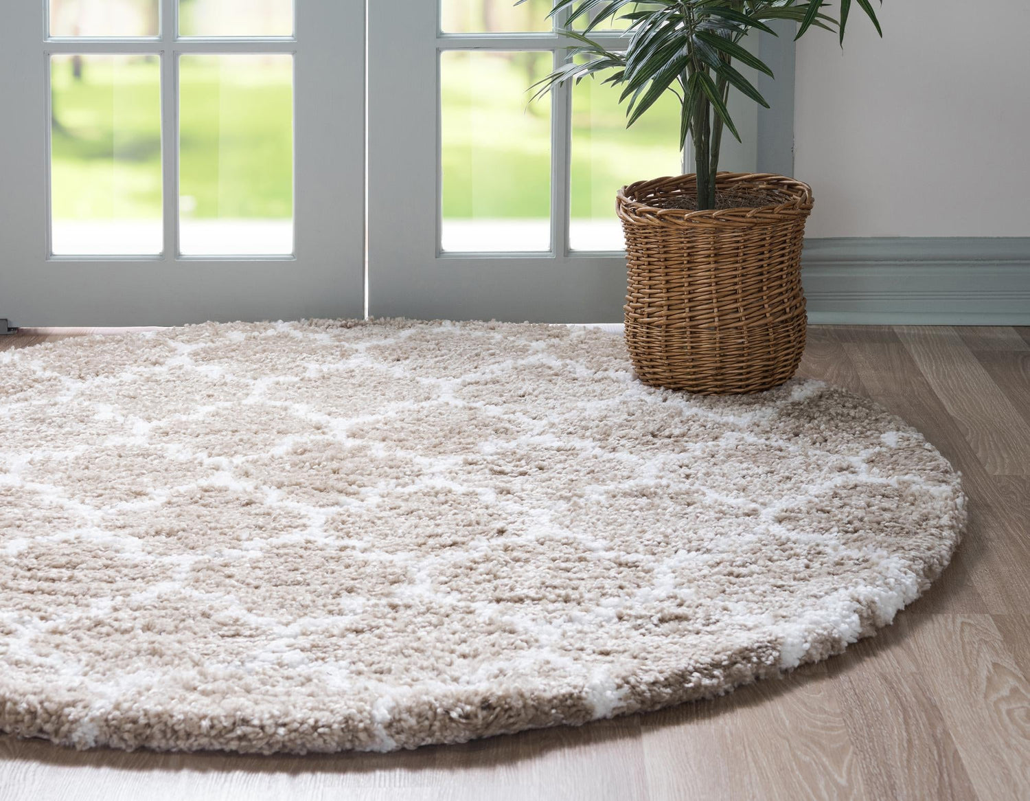 Taupe 8' x 8' Rabat Shag Round Area Rug Thick Soft Touch Fluffy & Plush Shaggy Pile Durable Geometric Carpet for Luxury Interior Design for Sale at Rug Engine