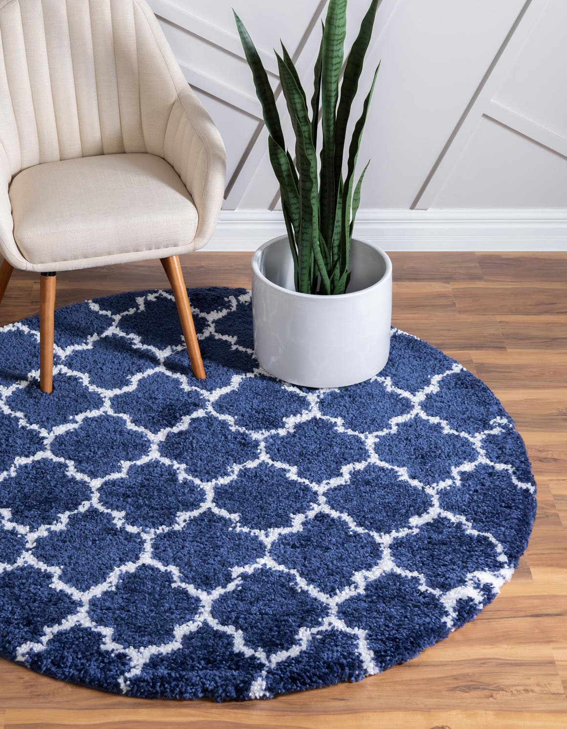 Navy Blue 8' x 8' Rabat Shag Round Area Rug Thick Soft Touch Fluffy & Plush Shaggy Pile Durable Geometric Carpet for Luxury Interior Design for Sale at Rug Engine