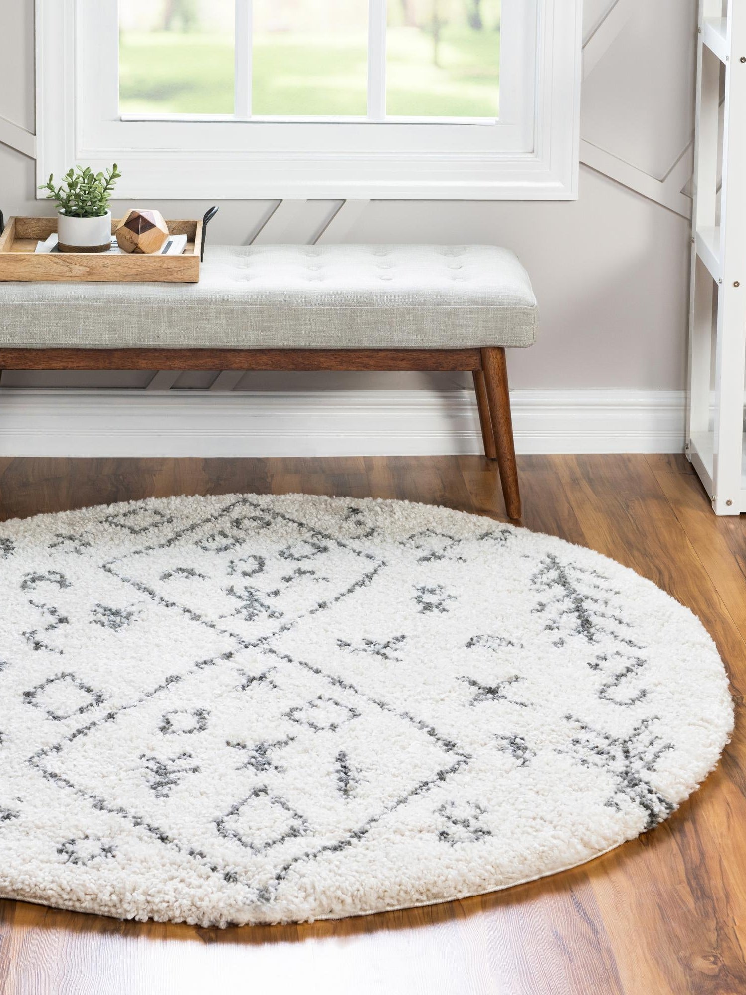 Pure Ivory 5' 3 x 5' 3 Rabat Shag Round Area Rug Thick Soft Touch Fluffy & Plush Shaggy Pile Durable Geometric Carpet for Luxury Interior Design for Sale at Rug Engine