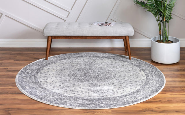 Gray 8' x 8' Bromley Round Area Rug 100% Polypropylene With Cotton Backing Vintage Distressed Colorful Traditional Carpet for Living Dining Rooms Offices for Sale at Rug Engine