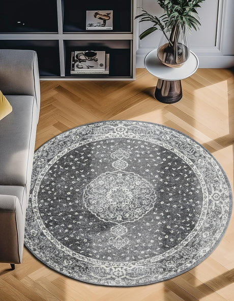 Dark Gray 3' 1 x 3' 1 Bromley Round Area Rug 100% Polypropylene With Cotton Backing Vintage Distressed Colorful Traditional Carpet for Living Dining Rooms Offices for Sale at Rug Engine