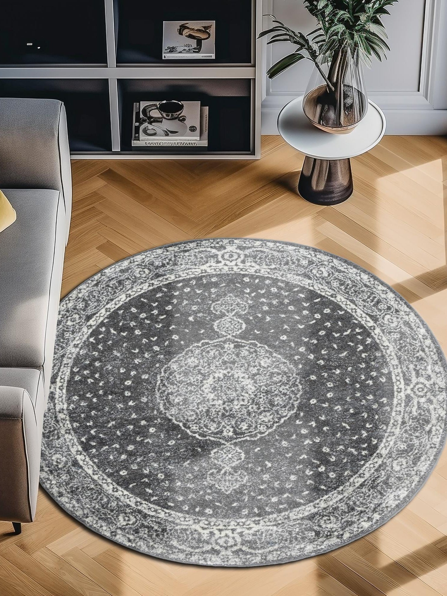 Dark Gray 7' 10 x 7' 10 Bromley Round Area Rug 100% Polypropylene With Cotton Backing Vintage Distressed Colorful Traditional Carpet for Living Dining Rooms Offices for Sale at Rug Engine
