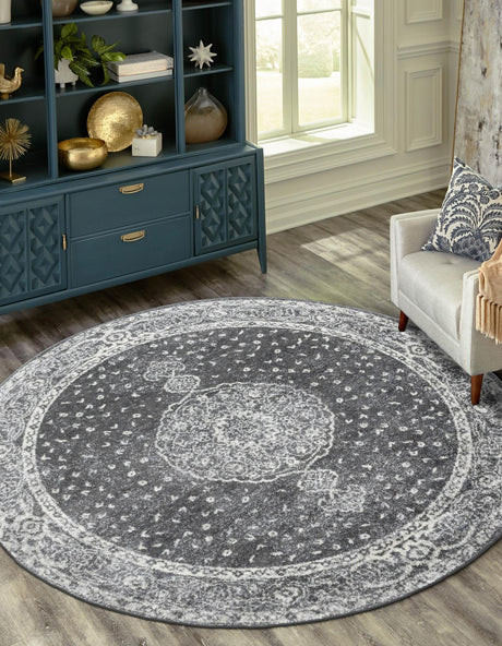 Dark Gray 5' 3 x 5' 3 Bromley Round Area Rug 100% Polypropylene With Cotton Backing Vintage Distressed Colorful Traditional Carpet for Living Dining Rooms Offices for Sale at Rug Engine