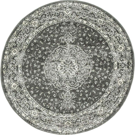 Dark Gray 3' 1 x 3' 1 Bromley Round Area Rug 100% Polypropylene With Cotton Backing Vintage Distressed Colorful Traditional Carpet for Living Dining Rooms Offices for Sale at Rug Engine