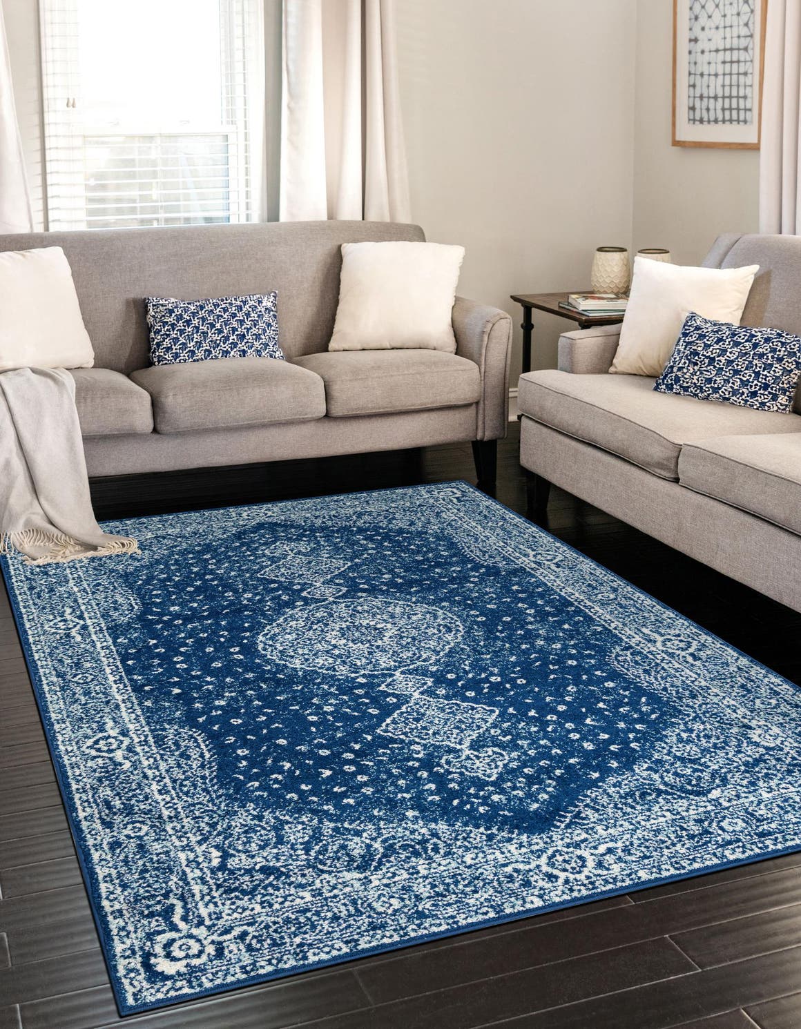 Navy Blue 6' 1 x 9' Bromley Rectangle Area Rug 100% Polypropylene With Cotton Backing Vintage Distressed Colorful Traditional Carpet for Living Dining Rooms Offices for Sale at Rug Engine