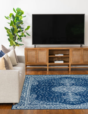 Navy Blue 6' 1 x 9' Bromley Rectangle Area Rug 100% Polypropylene With Cotton Backing Vintage Distressed Colorful Traditional Carpet for Living Dining Rooms Offices for Sale at Rug Engine