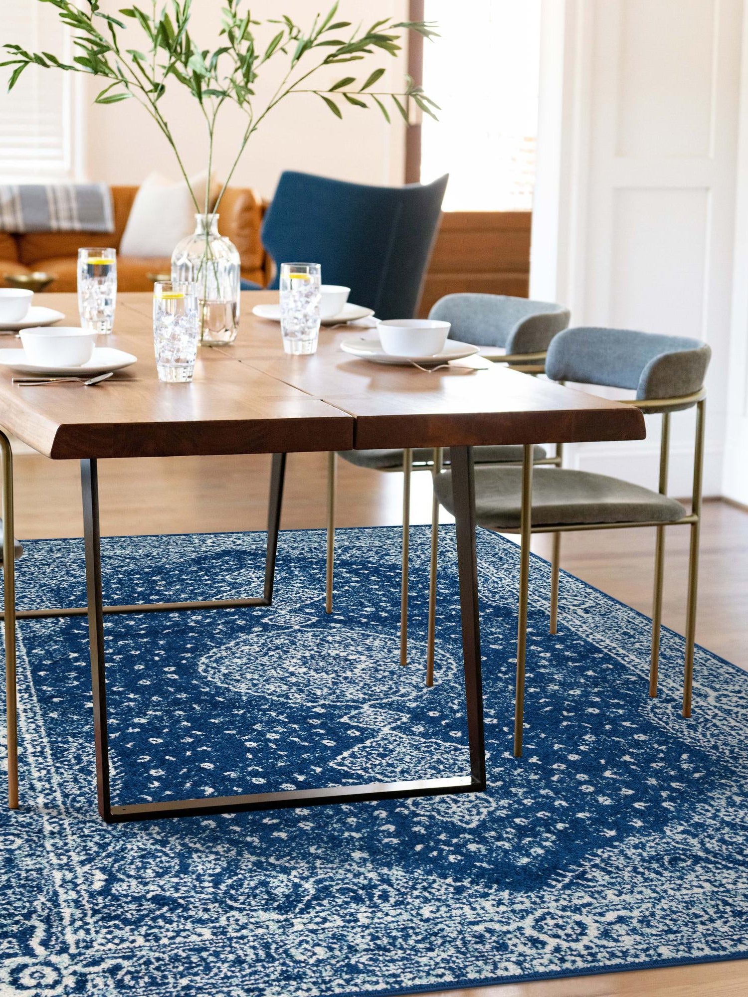 Navy Blue 9' x 12' Bromley Rectangle Area Rug 100% Polypropylene With Cotton Backing Vintage Distressed Colorful Traditional Carpet for Living Dining Rooms Offices for Sale at Rug Engine