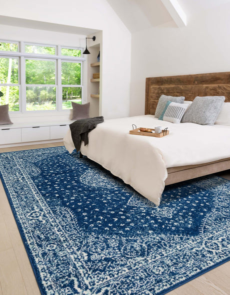 Navy Blue 9' x 12' Bromley Rectangle Area Rug 100% Polypropylene With Cotton Backing Vintage Distressed Colorful Traditional Carpet for Living Dining Rooms Offices for Sale at Rug Engine