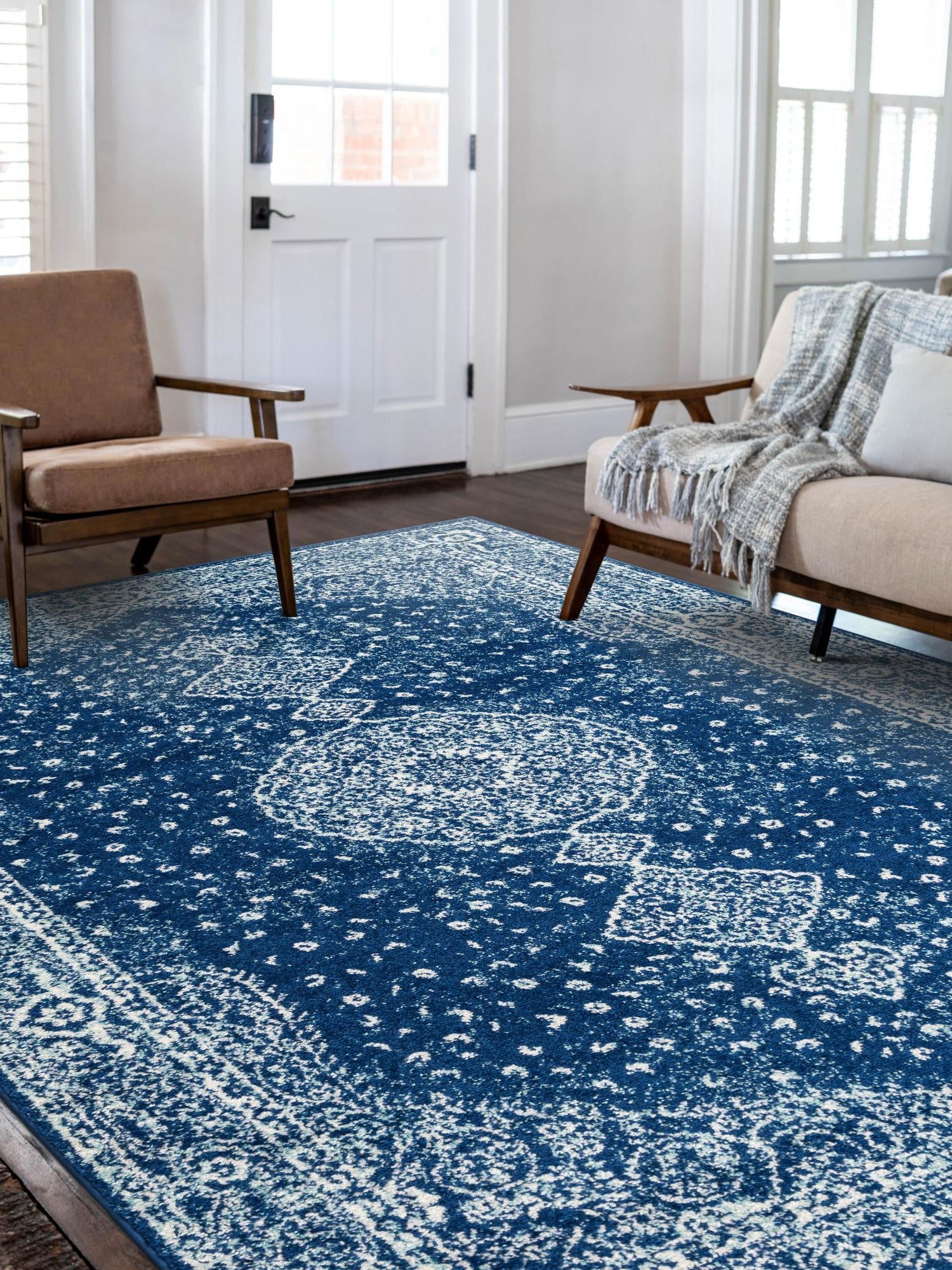 Navy Blue 9' x 12' Bromley Rectangle Area Rug 100% Polypropylene With Cotton Backing Vintage Distressed Colorful Traditional Carpet for Living Dining Rooms Offices for Sale at Rug Engine