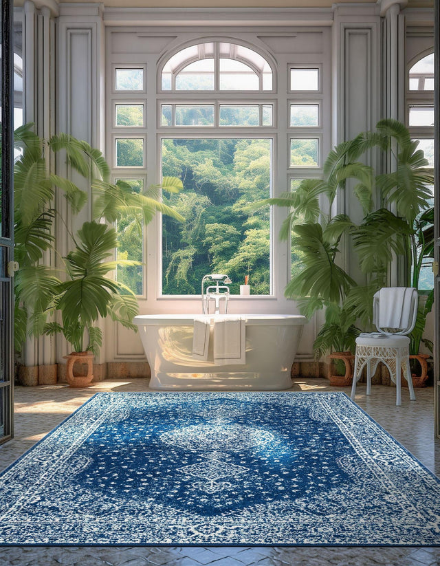 Navy Blue 7' 10 x 10' Bromley Rectangle Area Rug 100% Polypropylene With Cotton Backing Vintage Distressed Colorful Traditional Carpet for Living Dining Rooms Offices for Sale at Rug Engine