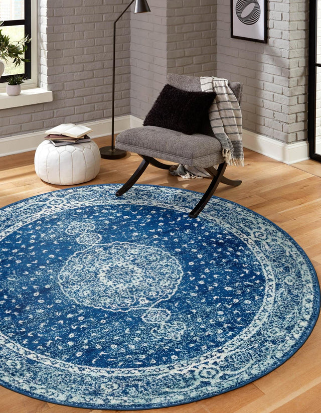 Navy Blue 10' x 10' Bromley Round Area Rug 100% Polypropylene With Cotton Backing Vintage Distressed Colorful Traditional Carpet for Living Dining Rooms Offices for Sale at Rug Engine