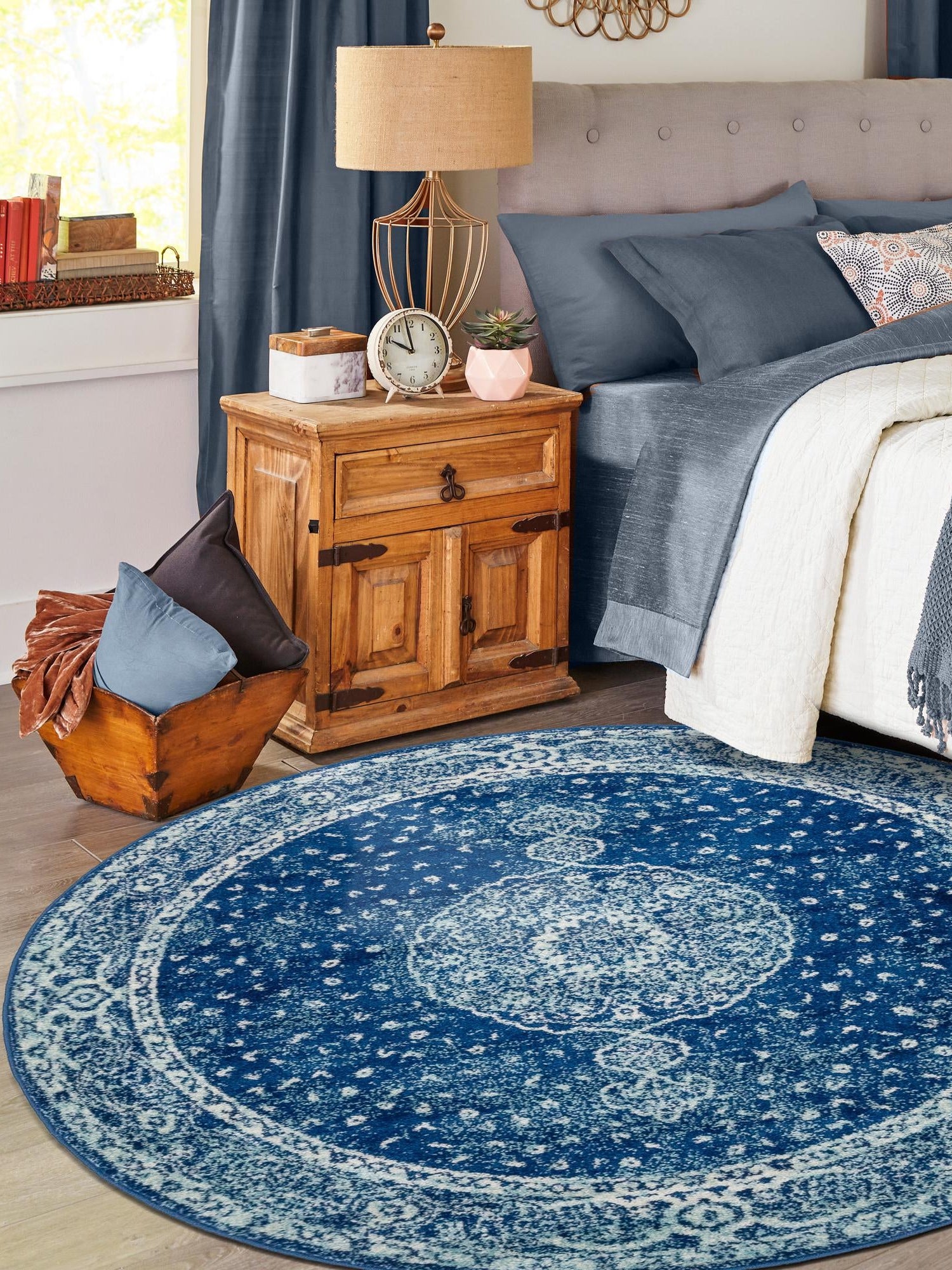 Navy Blue 10' x 10' Bromley Round Area Rug 100% Polypropylene With Cotton Backing Vintage Distressed Colorful Traditional Carpet for Living Dining Rooms Offices for Sale at Rug Engine