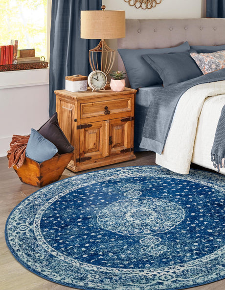 Navy Blue 10' x 10' Bromley Round Area Rug 100% Polypropylene With Cotton Backing Vintage Distressed Colorful Traditional Carpet for Living Dining Rooms Offices for Sale at Rug Engine