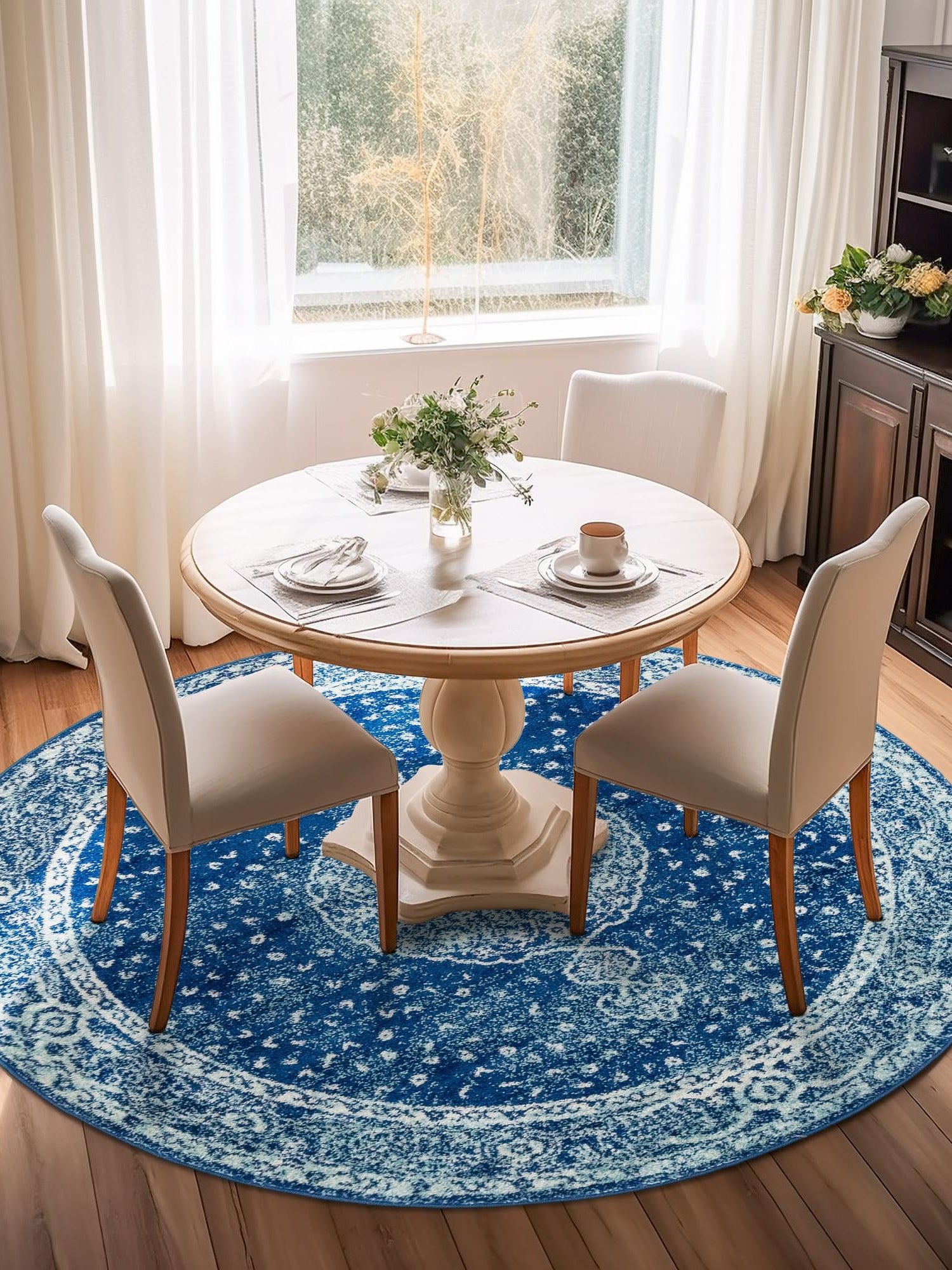 Navy Blue 10' x 10' Bromley Round Area Rug 100% Polypropylene With Cotton Backing Vintage Distressed Colorful Traditional Carpet for Living Dining Rooms Offices for Sale at Rug Engine