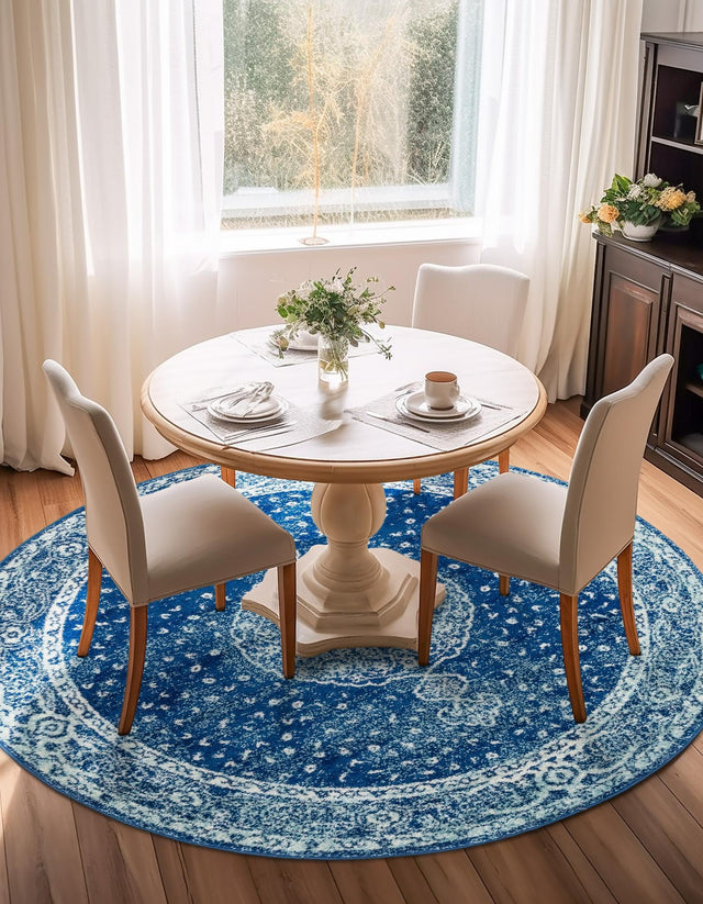 Navy Blue 10' x 10' Bromley Round Area Rug 100% Polypropylene With Cotton Backing Vintage Distressed Colorful Traditional Carpet for Living Dining Rooms Offices for Sale at Rug Engine