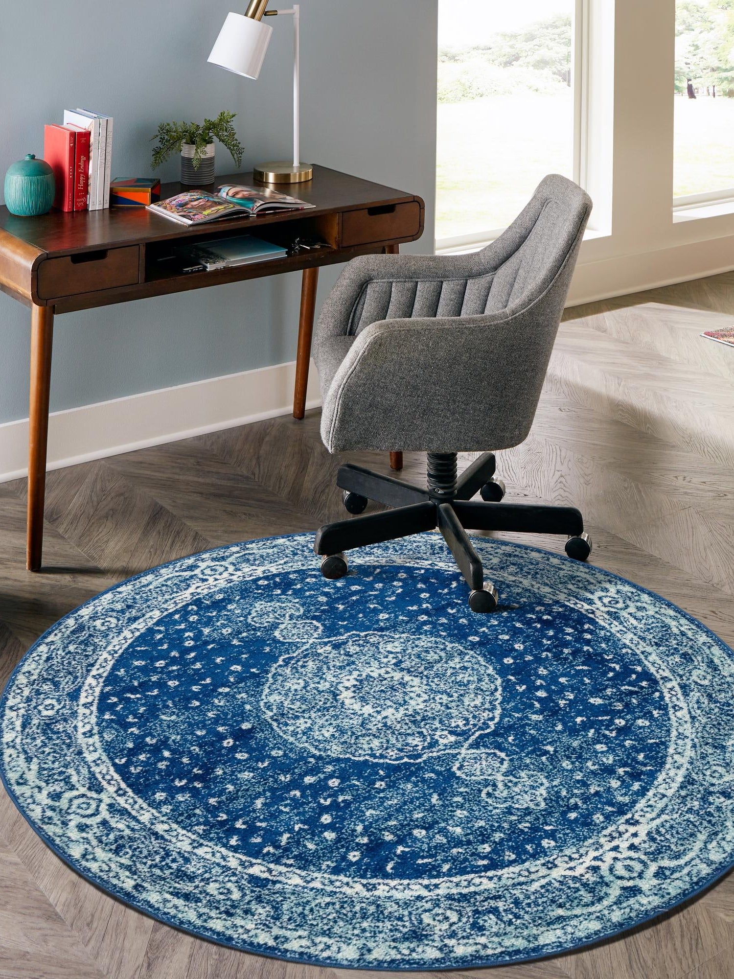 Navy Blue 10' x 10' Bromley Round Area Rug 100% Polypropylene With Cotton Backing Vintage Distressed Colorful Traditional Carpet for Living Dining Rooms Offices for Sale at Rug Engine