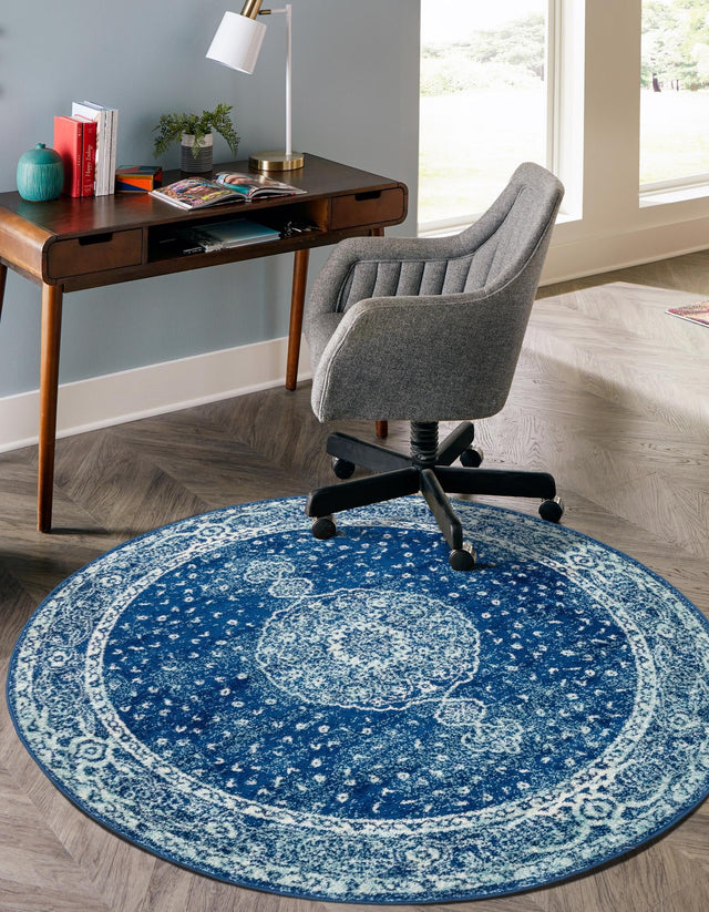 Navy Blue 10' x 10' Bromley Round Area Rug 100% Polypropylene With Cotton Backing Vintage Distressed Colorful Traditional Carpet for Living Dining Rooms Offices for Sale at Rug Engine