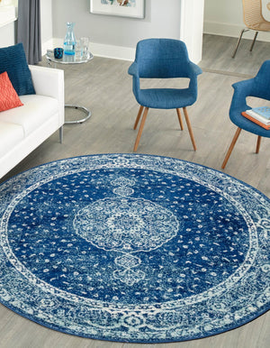 Navy Blue 5' 3 x 5' 3 Bromley Round Area Rug 100% Polypropylene With Cotton Backing Vintage Distressed Colorful Traditional Carpet for Living Dining Rooms Offices for Sale at Rug Engine