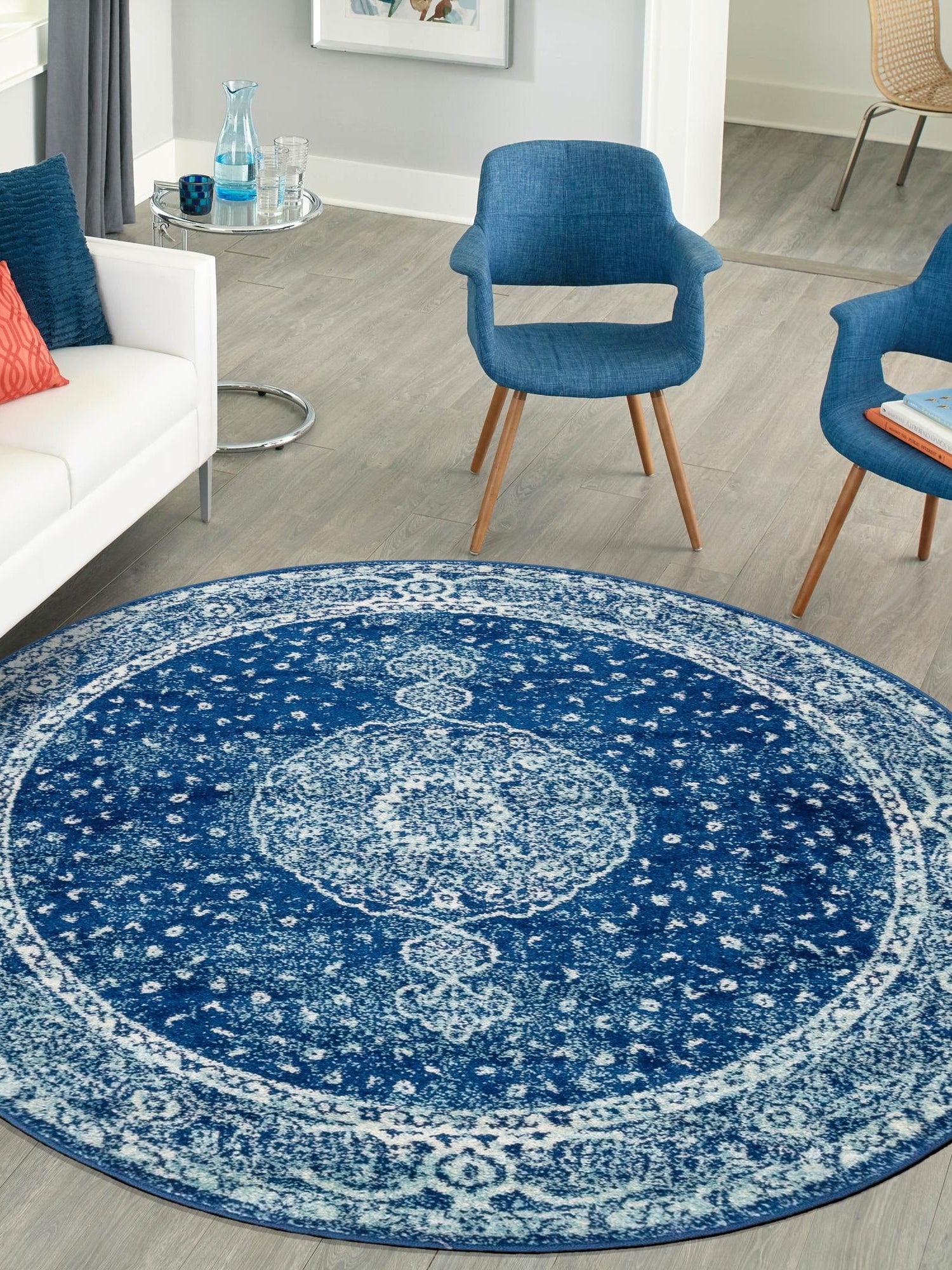 Navy Blue 7' 10 x 7' 10 Bromley Round Area Rug 100% Polypropylene With Cotton Backing Vintage Distressed Colorful Traditional Carpet for Living Dining Rooms Offices for Sale at Rug Engine