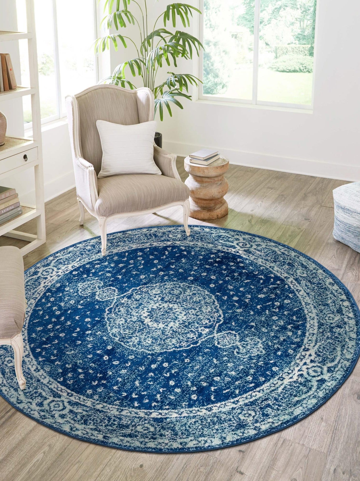 Navy Blue 3' 1 x 3' 1 Bromley Round Area Rug 100% Polypropylene With Cotton Backing Vintage Distressed Colorful Traditional Carpet for Living Dining Rooms Offices for Sale at Rug Engine