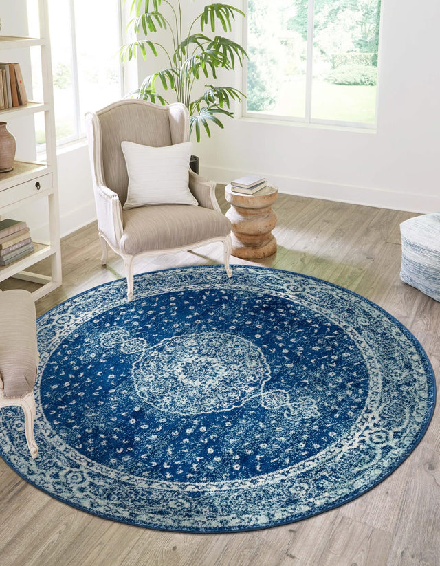 Navy Blue 3' 1 x 3' 1 Bromley Round Area Rug 100% Polypropylene With Cotton Backing Vintage Distressed Colorful Traditional Carpet for Living Dining Rooms Offices for Sale at Rug Engine