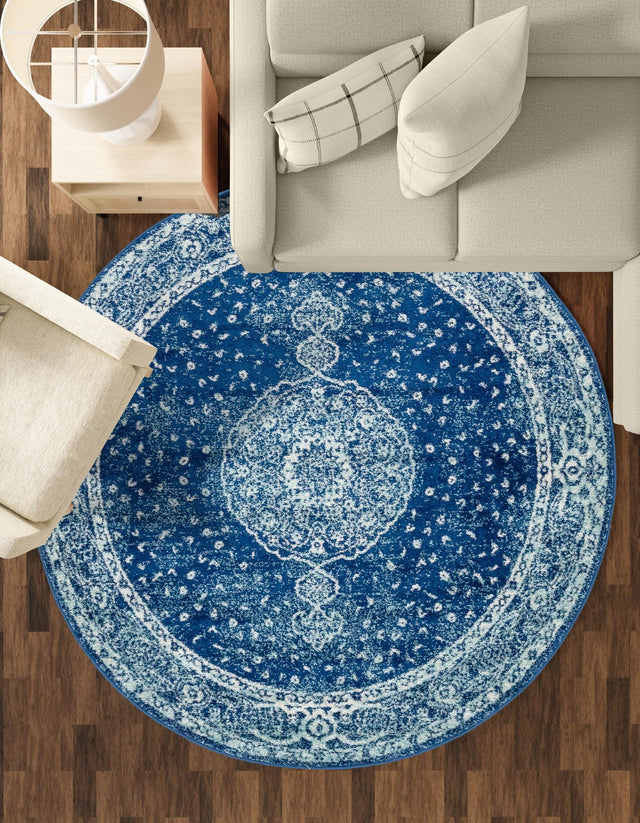 Navy Blue 7' 10 x 7' 10 Bromley Round Area Rug 100% Polypropylene With Cotton Backing Vintage Distressed Colorful Traditional Carpet for Living Dining Rooms Offices for Sale at Rug Engine