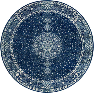 Navy Blue 7' 10 x 7' 10 Bromley Round Area Rug 100% Polypropylene With Cotton Backing Vintage Distressed Colorful Traditional Carpet for Living Dining Rooms Offices for Sale at Rug Engine