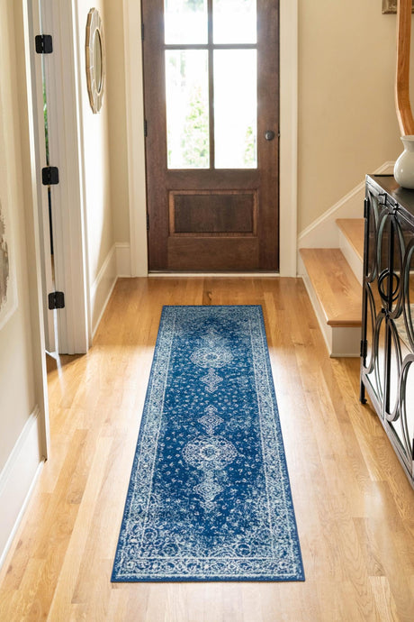 Navy Blue 2' x 7' 1 Bromley Runner Area Rug 100% Polypropylene With Cotton Backing Vintage Distressed Colorful Traditional Carpet for Living Dining Rooms Offices for Sale at Rug Engine