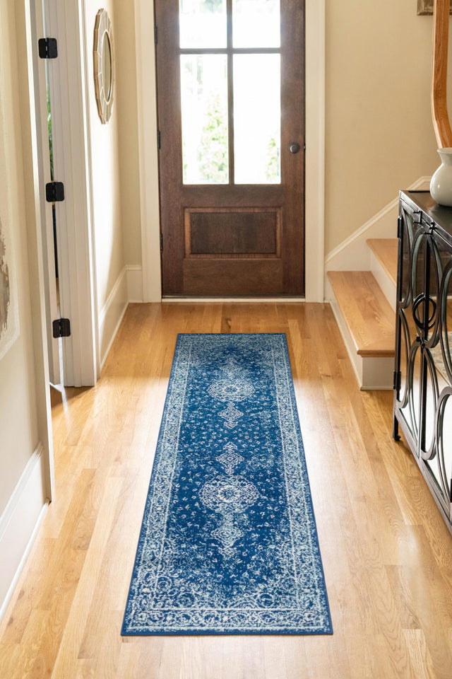 Navy Blue 2' x 7' 1 Bromley Runner Area Rug 100% Polypropylene With Cotton Backing Vintage Distressed Colorful Traditional Carpet for Living Dining Rooms Offices for Sale at Rug Engine