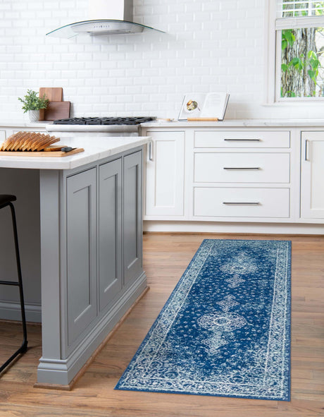 Navy Blue 2' x 7' 1 Bromley Runner Area Rug 100% Polypropylene With Cotton Backing Vintage Distressed Colorful Traditional Carpet for Living Dining Rooms Offices for Sale at Rug Engine