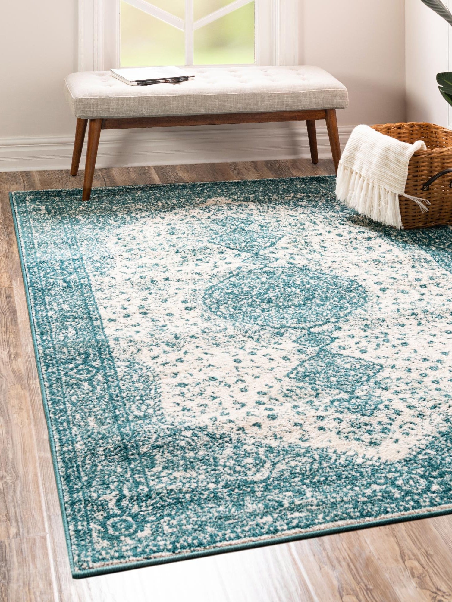 Turquoise 5' 1 x 8' Bromley Rectangle Area Rug 100% Polypropylene With Cotton Backing Vintage Distressed Colorful Traditional Carpet for Living Dining Rooms Offices for Sale at Rug Engine