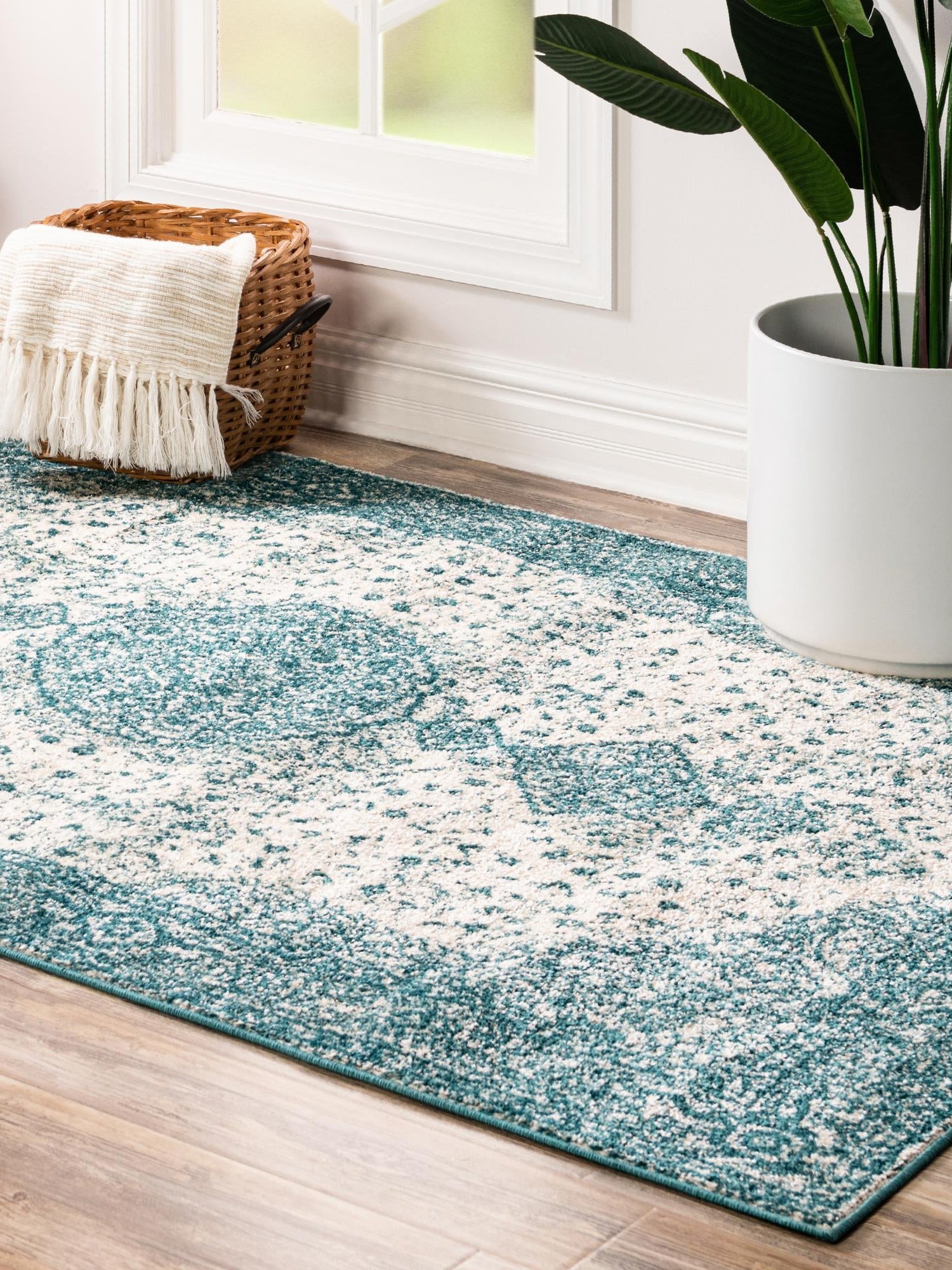 Turquoise 5' 1 x 8' Bromley Rectangle Area Rug 100% Polypropylene With Cotton Backing Vintage Distressed Colorful Traditional Carpet for Living Dining Rooms Offices for Sale at Rug Engine