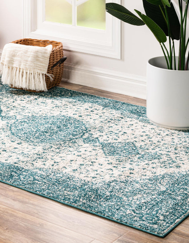Turquoise 8' x 11' Bromley Rectangle Area Rug 100% Polypropylene With Cotton Backing Vintage Distressed Colorful Traditional Carpet for Living Dining Rooms Offices for Sale at Rug Engine