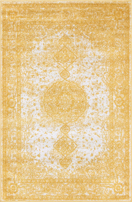 Yellow 4' 1 x 6' 1 Bromley Rectangle Area Rug 100% Polypropylene With Cotton Backing Vintage Distressed Colorful Traditional Carpet for Living Dining Rooms Offices for Sale at Rug Engine