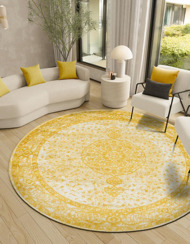 Yellow 7' 10 x 7' 10 Bromley Round Area Rug 100% Polypropylene With Cotton Backing Vintage Distressed Colorful Traditional Carpet for Living Dining Rooms Offices for Sale at Rug Engine