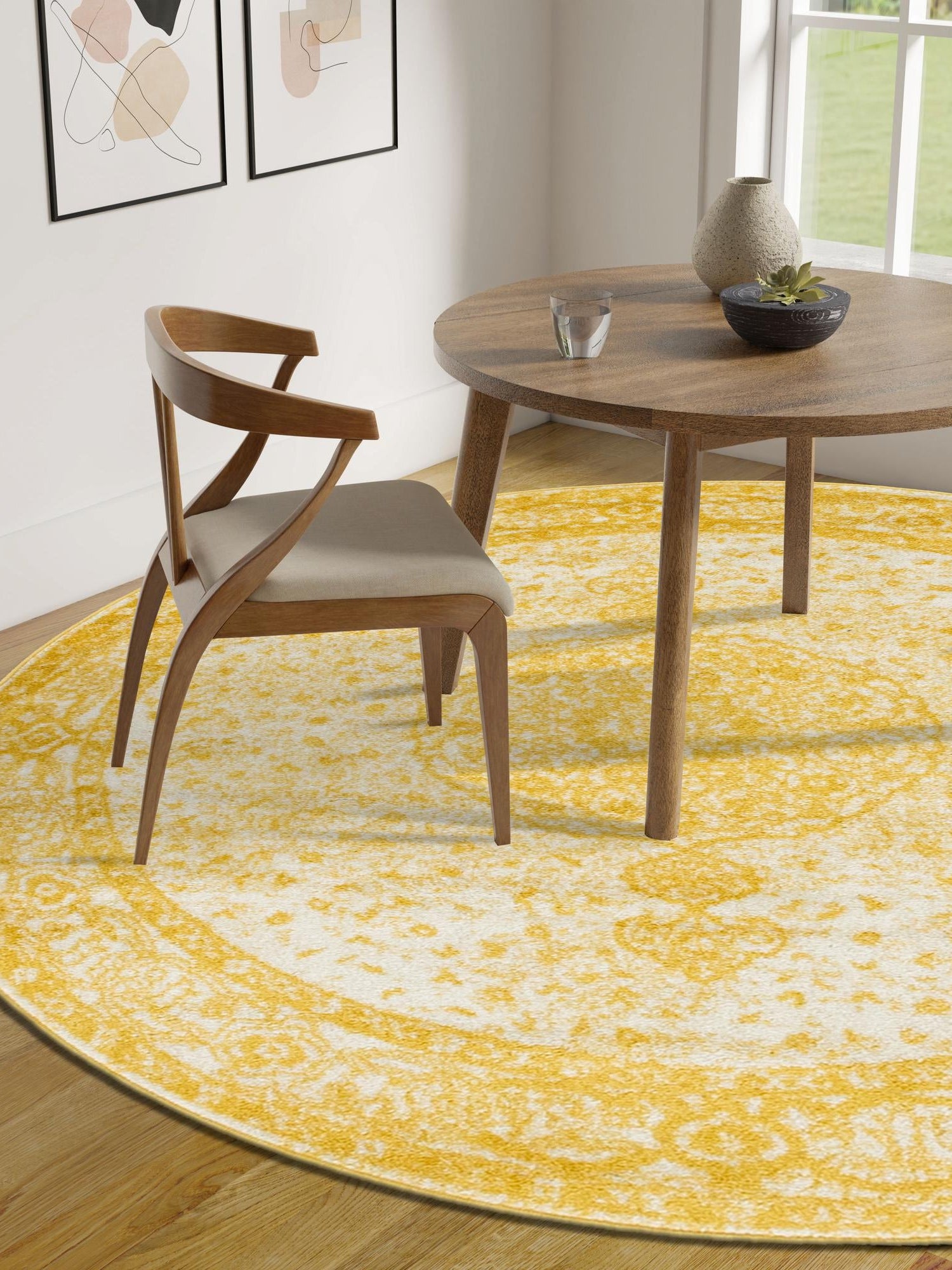 Yellow 7' 10 x 7' 10 Bromley Round Area Rug 100% Polypropylene With Cotton Backing Vintage Distressed Colorful Traditional Carpet for Living Dining Rooms Offices for Sale at Rug Engine