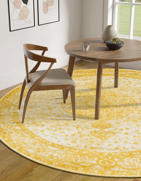 Yellow 7' 10 x 7' 10 Bromley Round Area Rug 100% Polypropylene With Cotton Backing Vintage Distressed Colorful Traditional Carpet for Living Dining Rooms Offices for Sale at Rug Engine