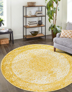 Yellow 3' 1 x 3' 1 Bromley Round Area Rug 100% Polypropylene With Cotton Backing Vintage Distressed Colorful Traditional Carpet for Living Dining Rooms Offices for Sale at Rug Engine