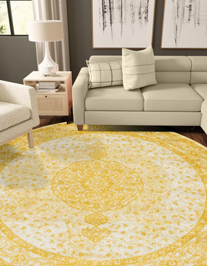 Yellow 5' 3 x 5' 3 Bromley Round Area Rug 100% Polypropylene With Cotton Backing Vintage Distressed Colorful Traditional Carpet for Living Dining Rooms Offices for Sale at Rug Engine