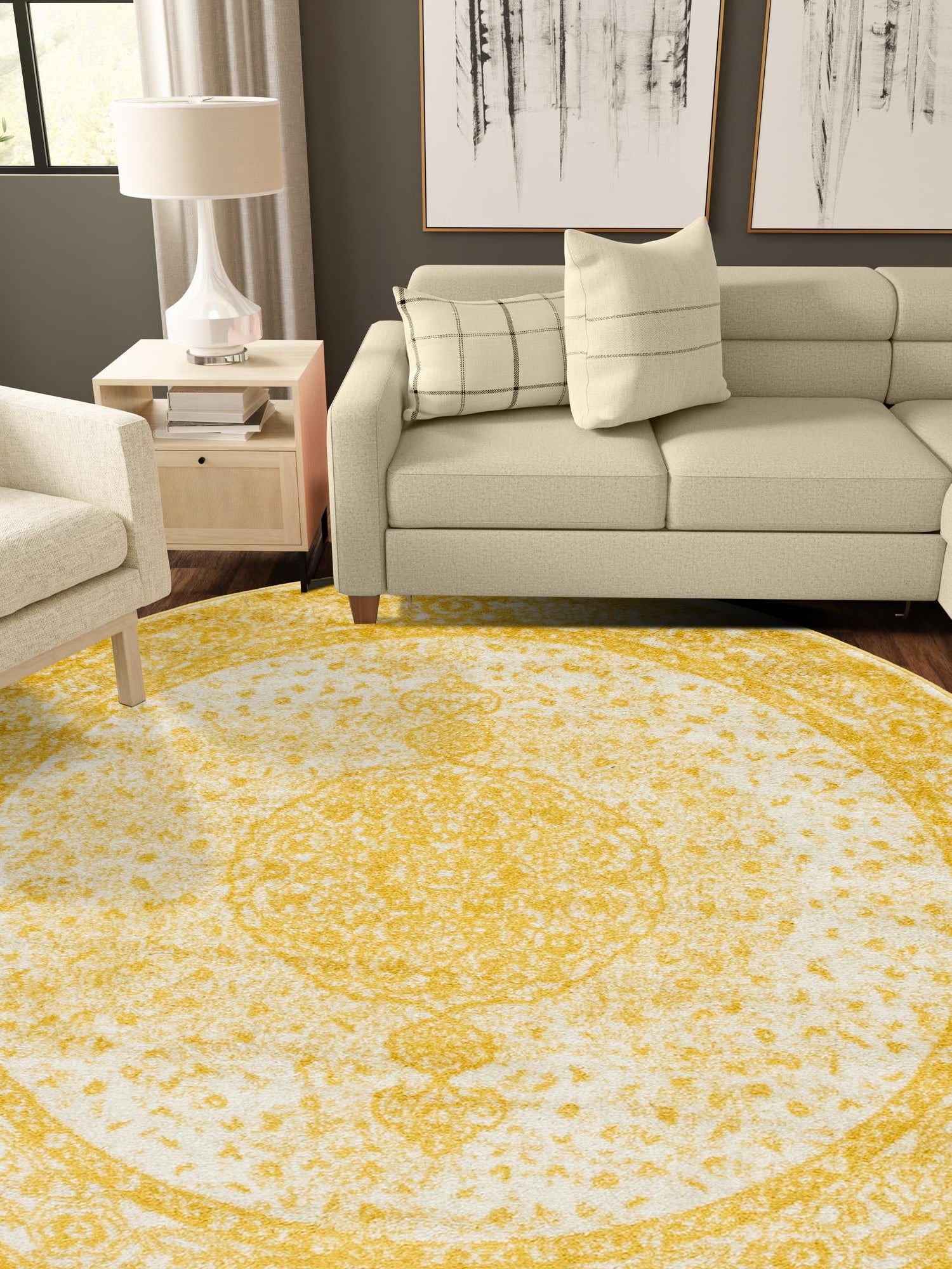 Yellow 7' 10 x 7' 10 Bromley Round Area Rug 100% Polypropylene With Cotton Backing Vintage Distressed Colorful Traditional Carpet for Living Dining Rooms Offices for Sale at Rug Engine